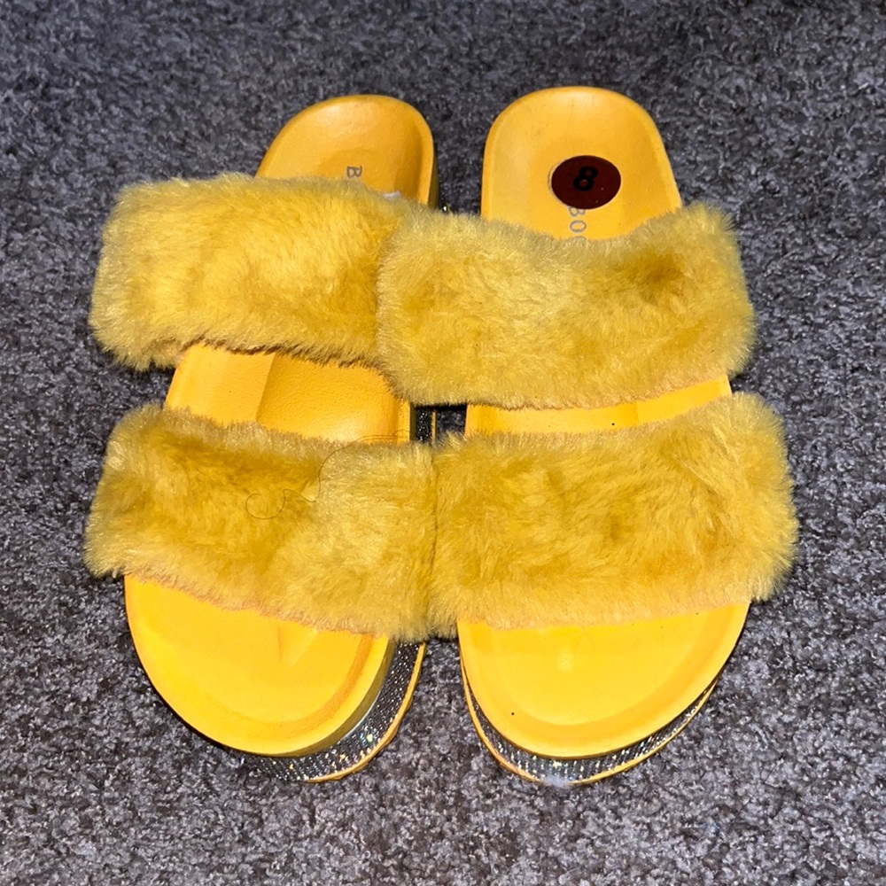 Yellow faux fur sandals